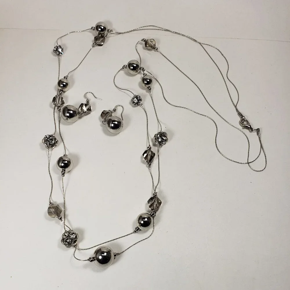 Layered Shimmering Silver-tone Crystal Ball Beaded Necklace & Matching Earrings